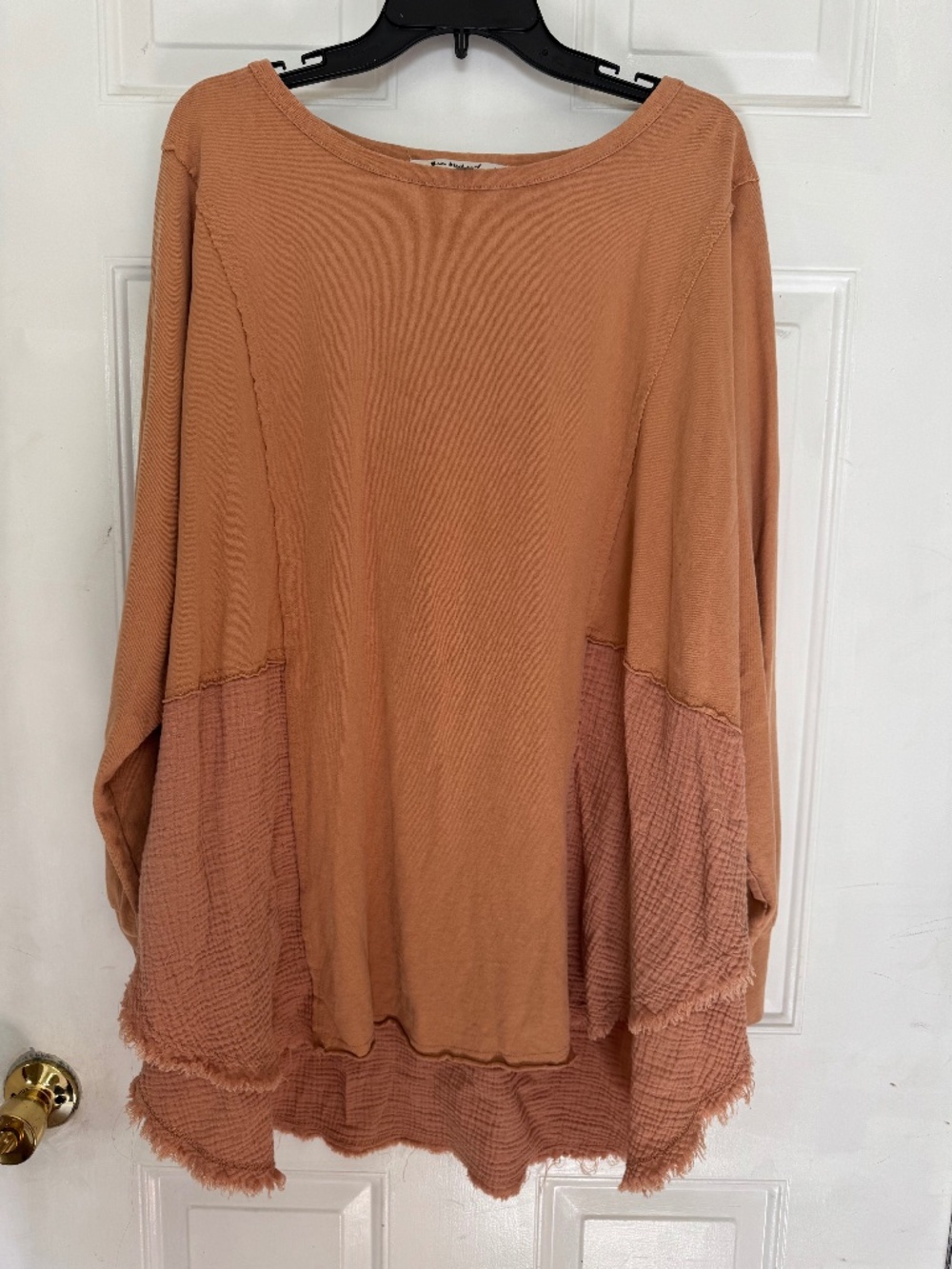 Three Bird Nest Rust Terracotta Raw Hem Gauze Panel Tunic Top XL